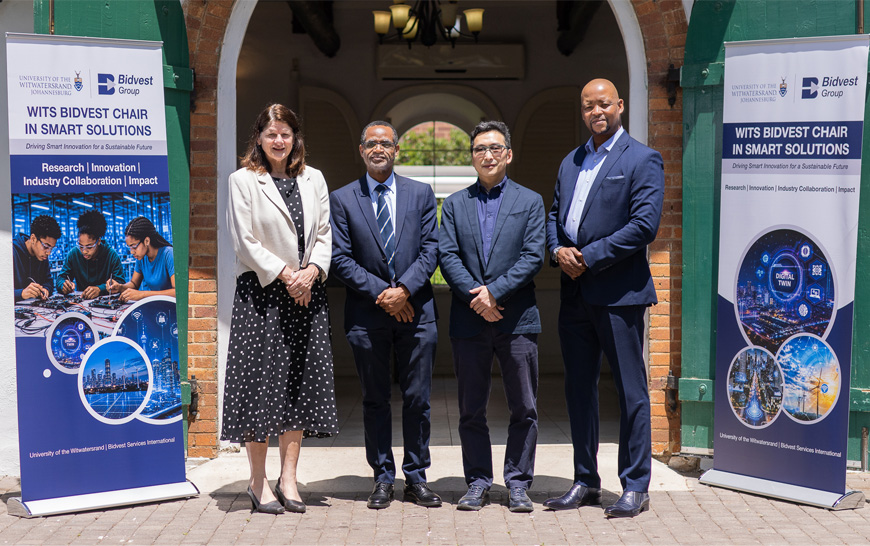 Launch of the Wits Bidvest Chair in Smart Solutions Professor Lynn Morris, Deputy Vice-Chancellor: Research & Innovation (Wits University), Professor Cuthbert Musingwini, Dean ,Faculty of Engineering and the Built Environment (Wits University), Professor Ling Cheng, Wits/Bidvest Chair in Smart Solutions (Wits University), and Mr Webb Meko, CEO, Bidvest FM.